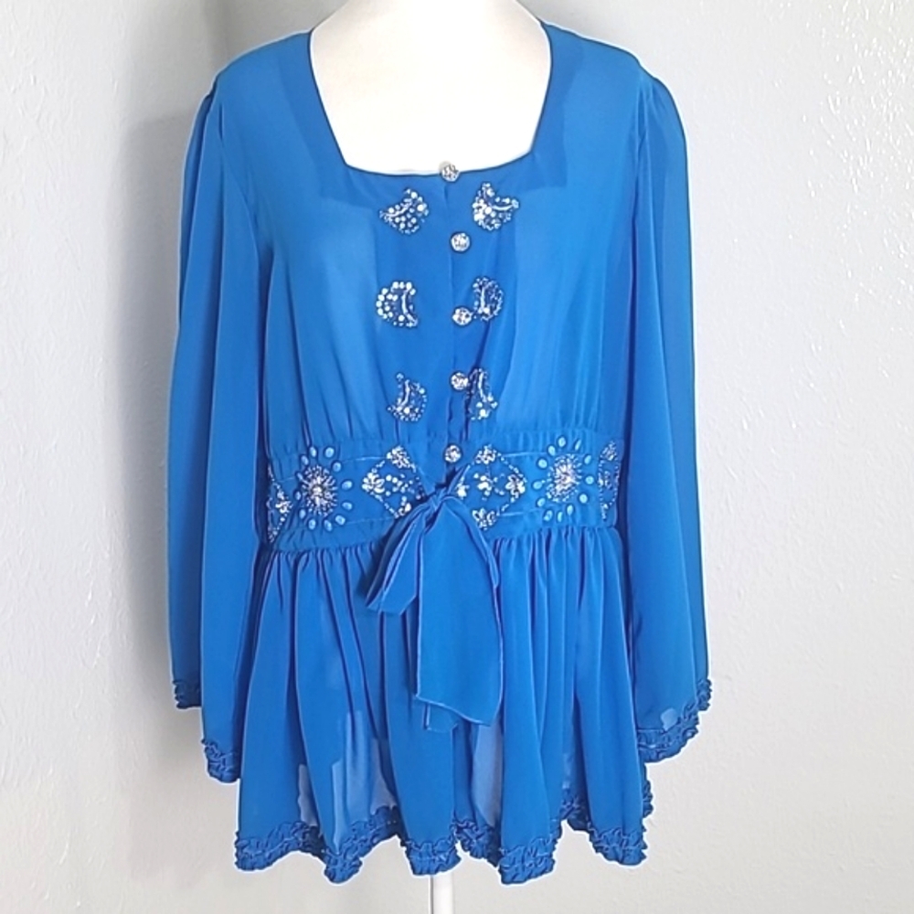 AS HRO Blue Marine Sheer Blouse Rhinestone Buttons & Accents, Small Ruffle, XL